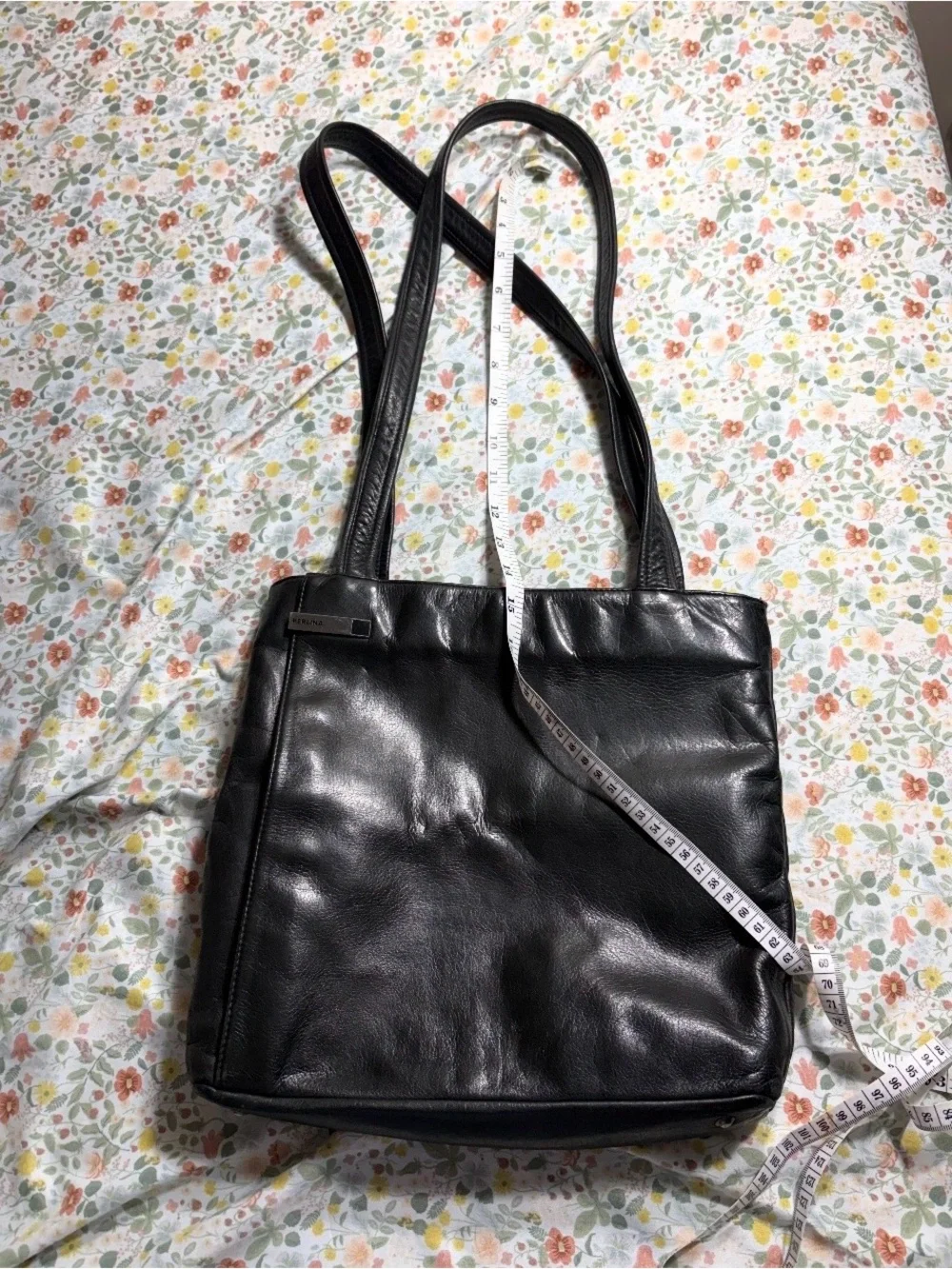 Perlina Black Leather Briefcase Tote with Metal Logo Plate